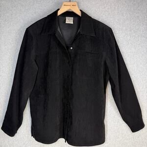 Vintage Allison Dailey Women's Black Petite 8P Button Front Shirt Top Suede Feel